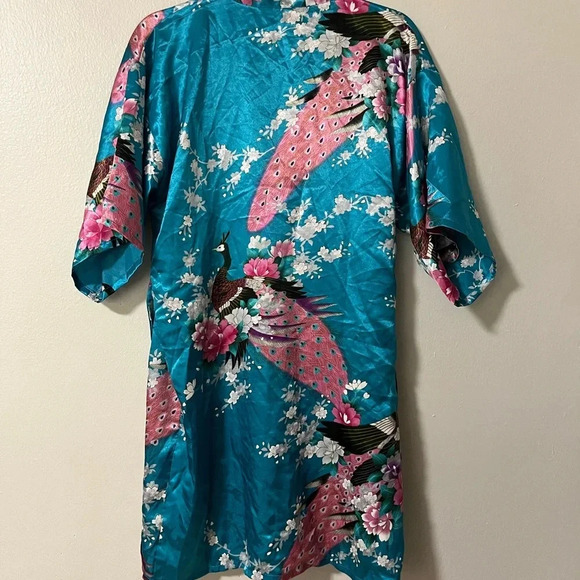 Vintage kimono style tie robe traditional print peacock and blossoms one size - Picture 7 of 7